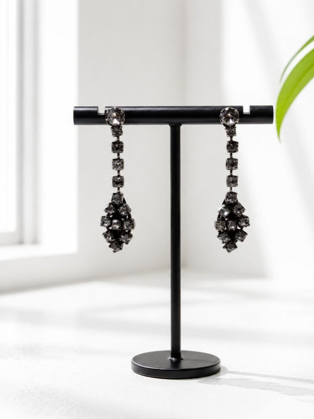 Vintage Rhinestone Drop Dangle Earrings With Black Metal Finish